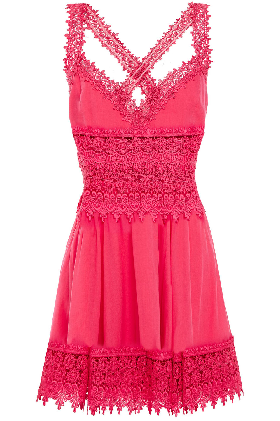 Charo Ruiz Ibiza Woman Crocheted Lace-paneled Cotton-blend Voile Mini Dress Coral Size L