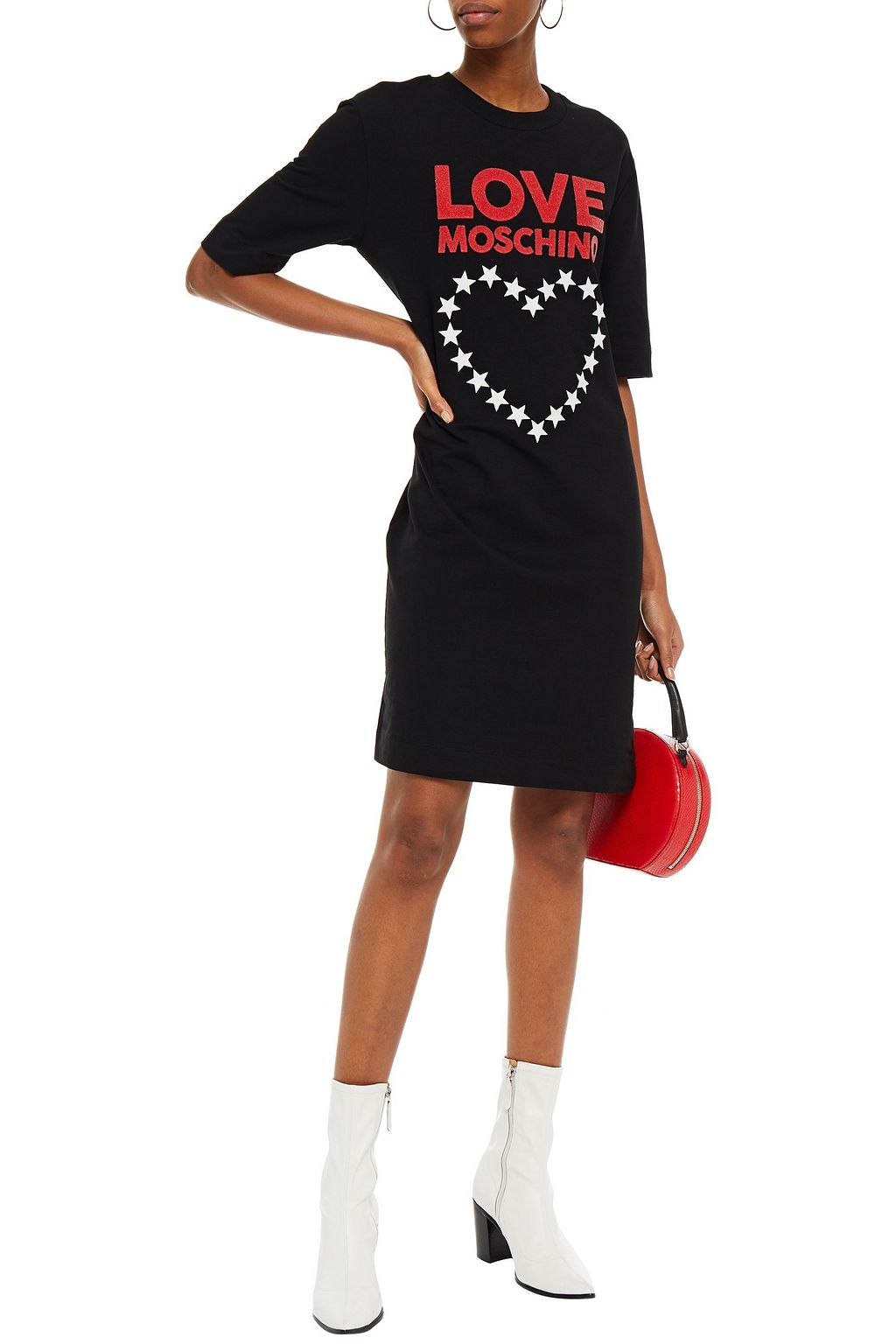 LOVE MOSCHINO Glittered printed French cotton-blend terry dress