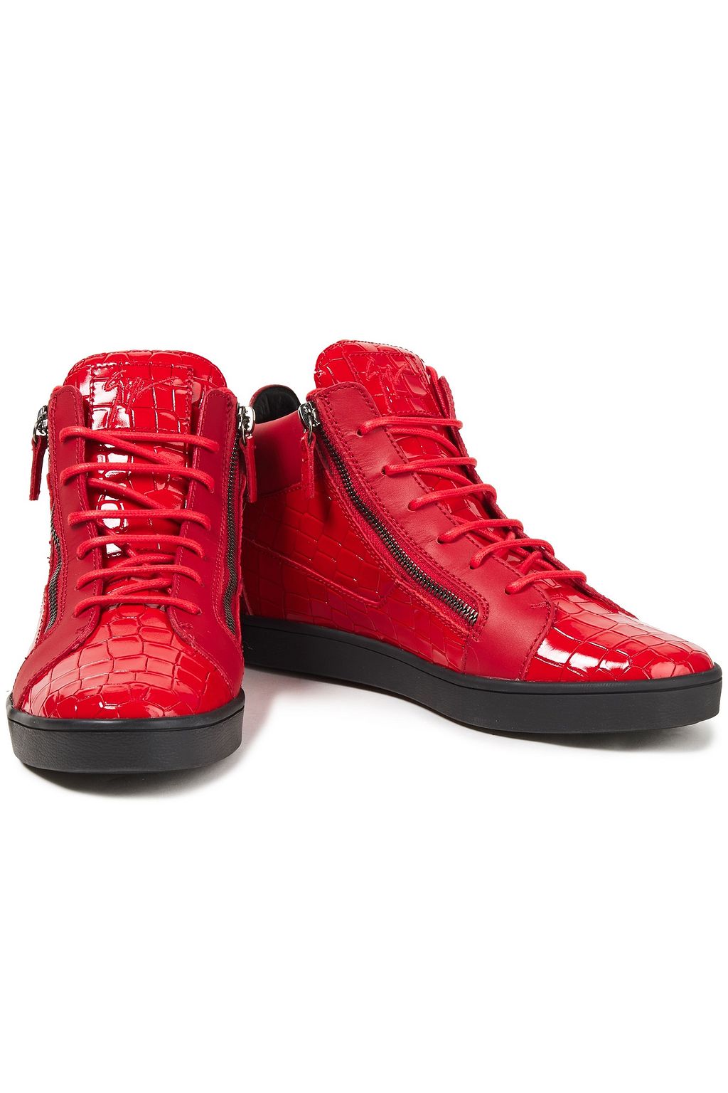 GIUSEPPE ZANOTTI Zip-detailed smooth and croc-effect leather high-top sneakers