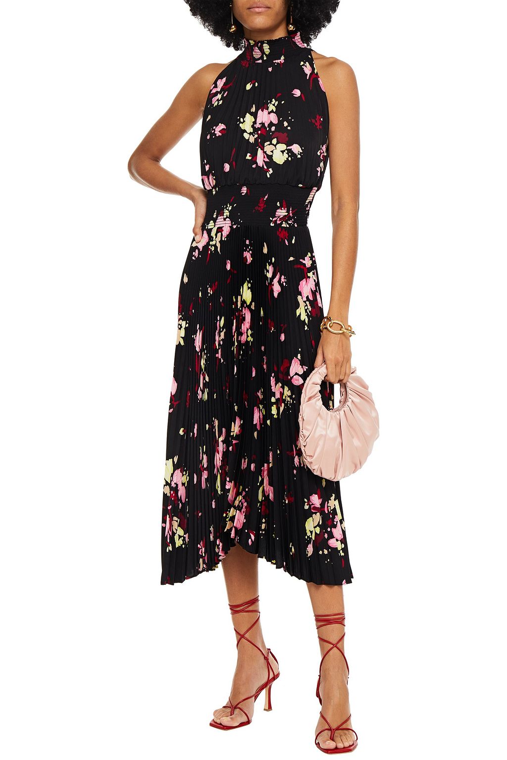 A.L.C. Shirred floral-print plissé-woven midi dress
