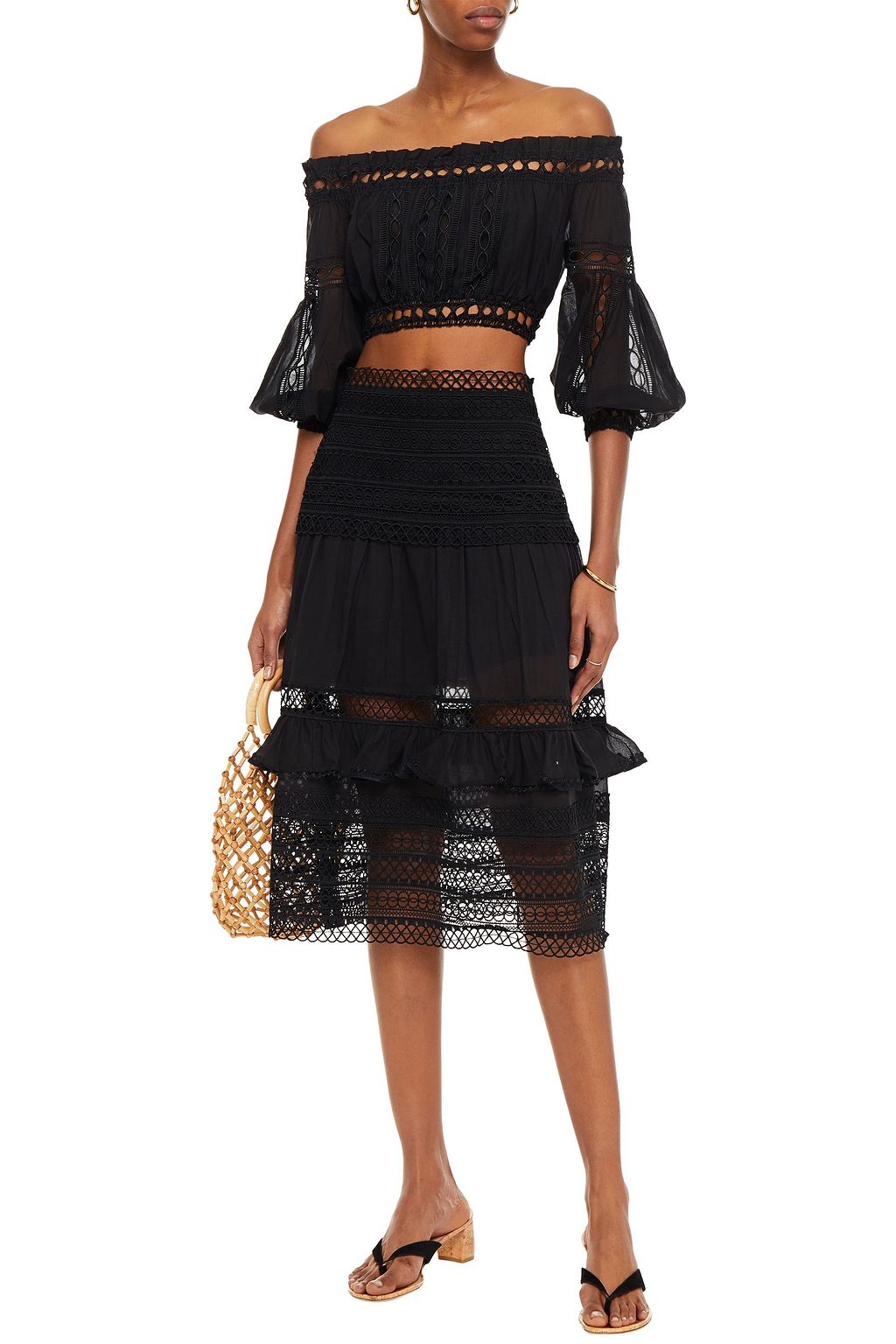 CHARO RUIZ IBIZA Alova cropped off-the-shoulder crocheted lace-trimmed cotton-blend voile top