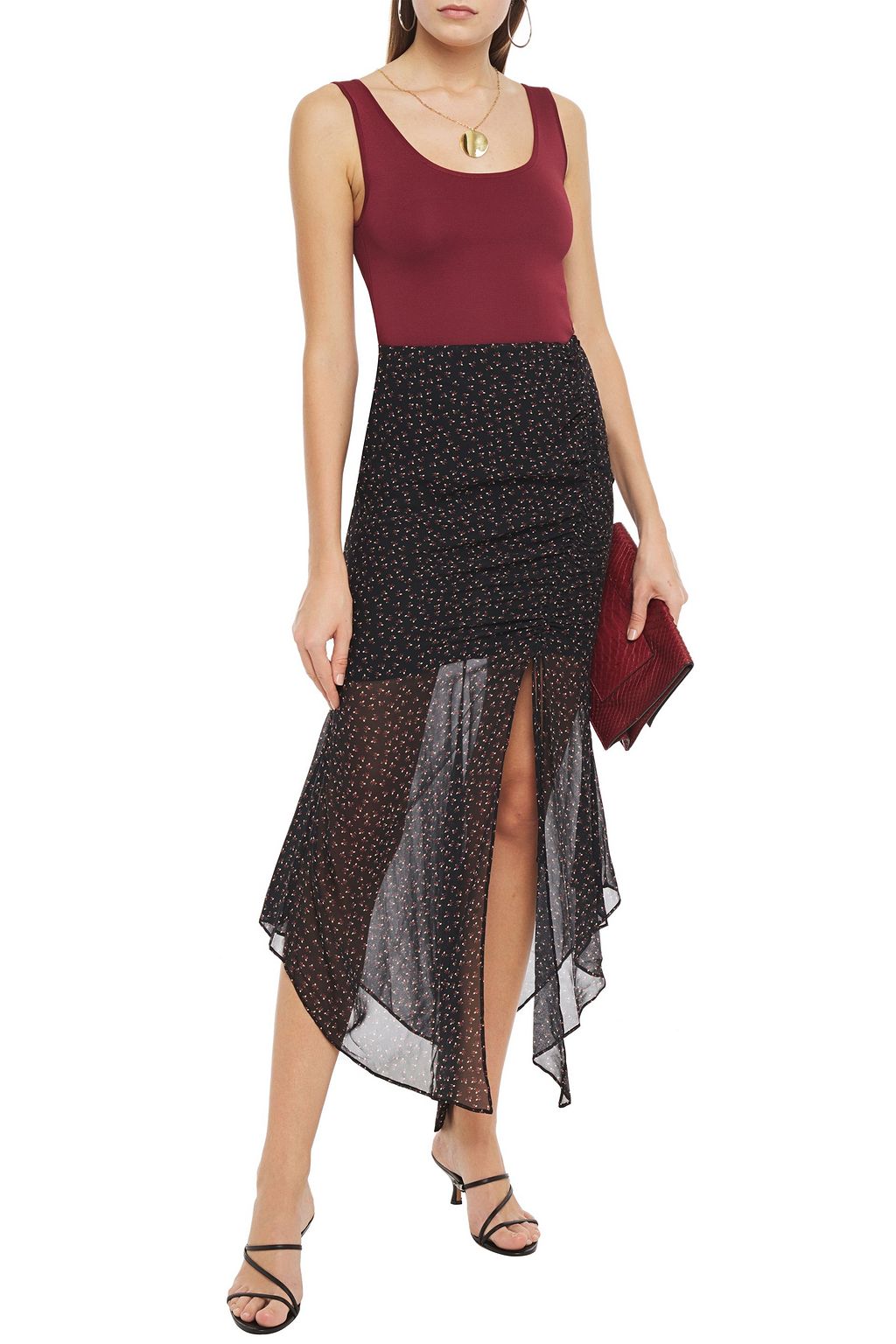 NICHOLAS Asymmetric ruched floral-print silk-chiffon midi skirt