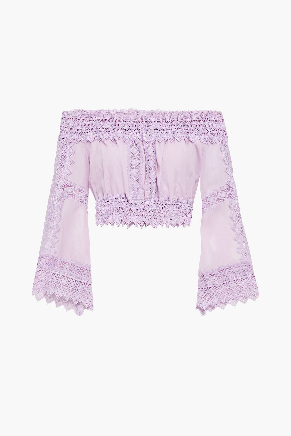 Charo Ruiz Ibiza Woman Atria Cropped Off-the-shoulder Crocheted Lace And Cotton-blend Voile Top Lilac Size L