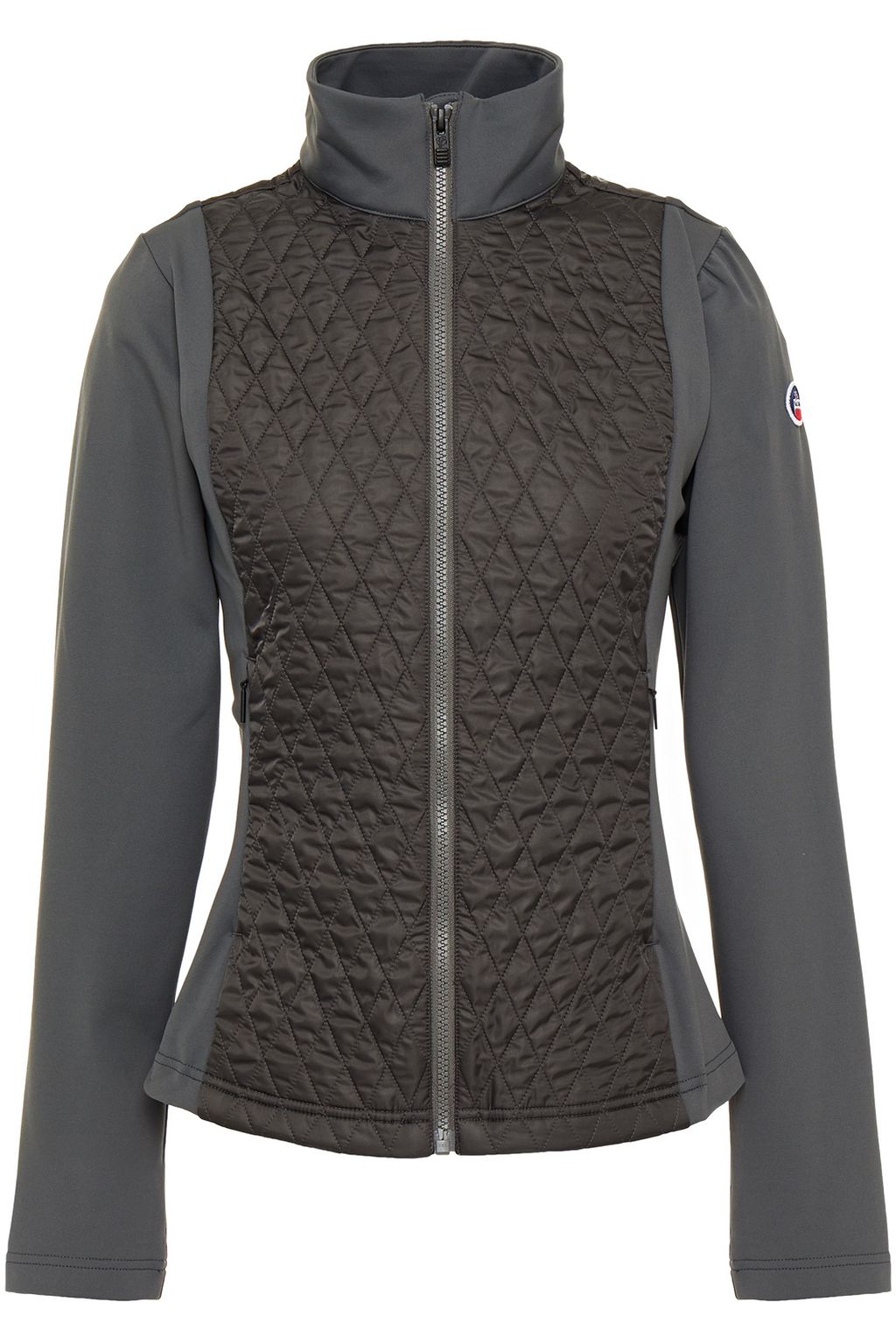 panelled jersey and quilted shell down jacket