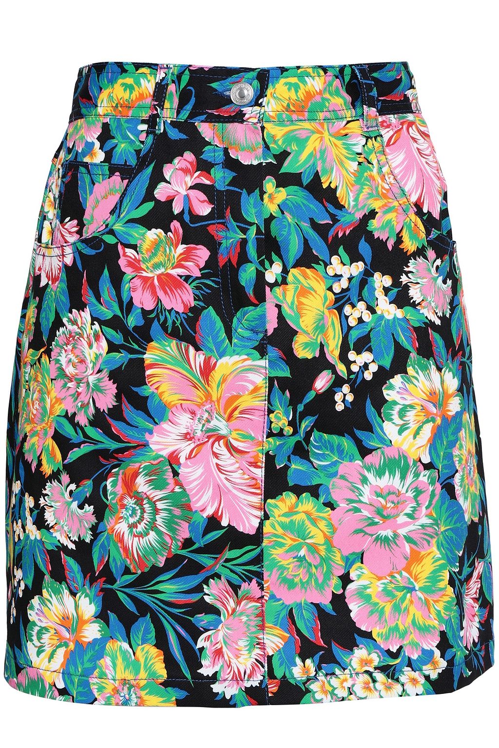 floral print denim skirt