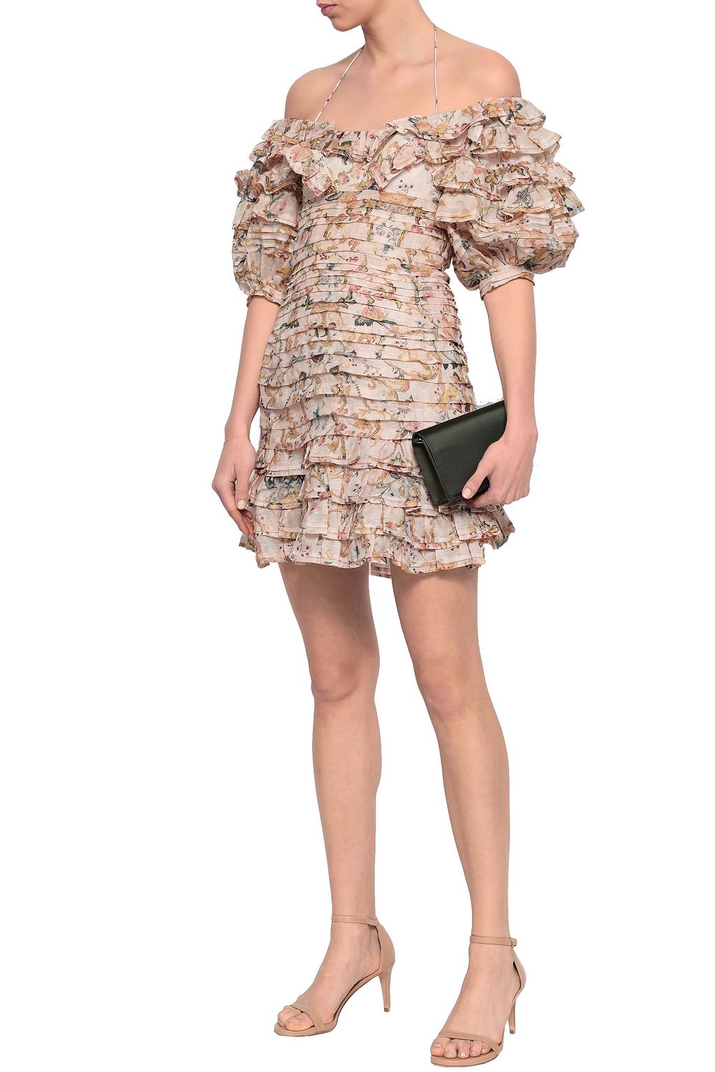 ZIMMERMANN Off-the-shoulder tiered printed linen and silk-blend mini dress