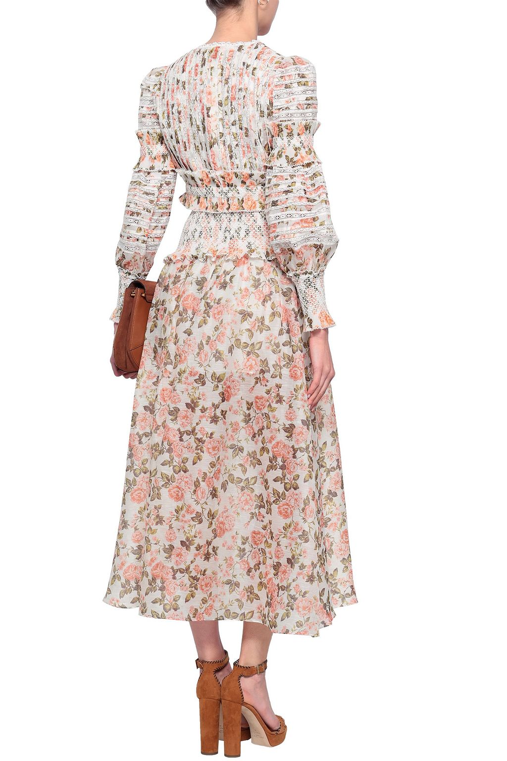 ZIMMERMANN Shirred floral-print linen and silk-blend midi skirt
