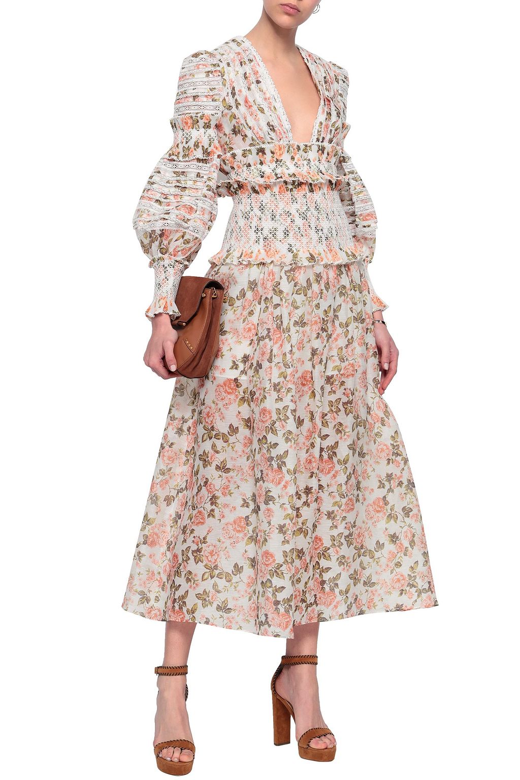 ZIMMERMANN Shirred floral-print linen and silk-blend midi skirt