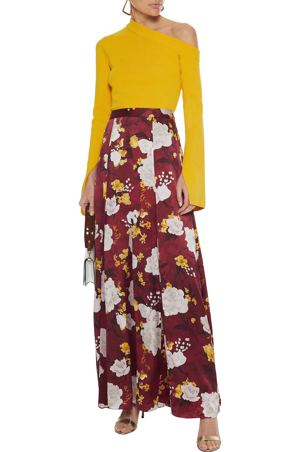 ALICE + OLIVIA Athena floral-print chiffon-paneled hammered-silk maxi skirt