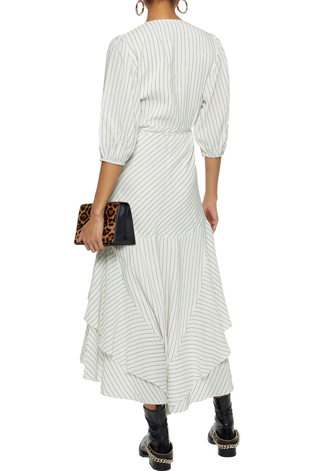GANNI Wilkie pinstriped silk and cotton-blend seersucker midi wrap dress