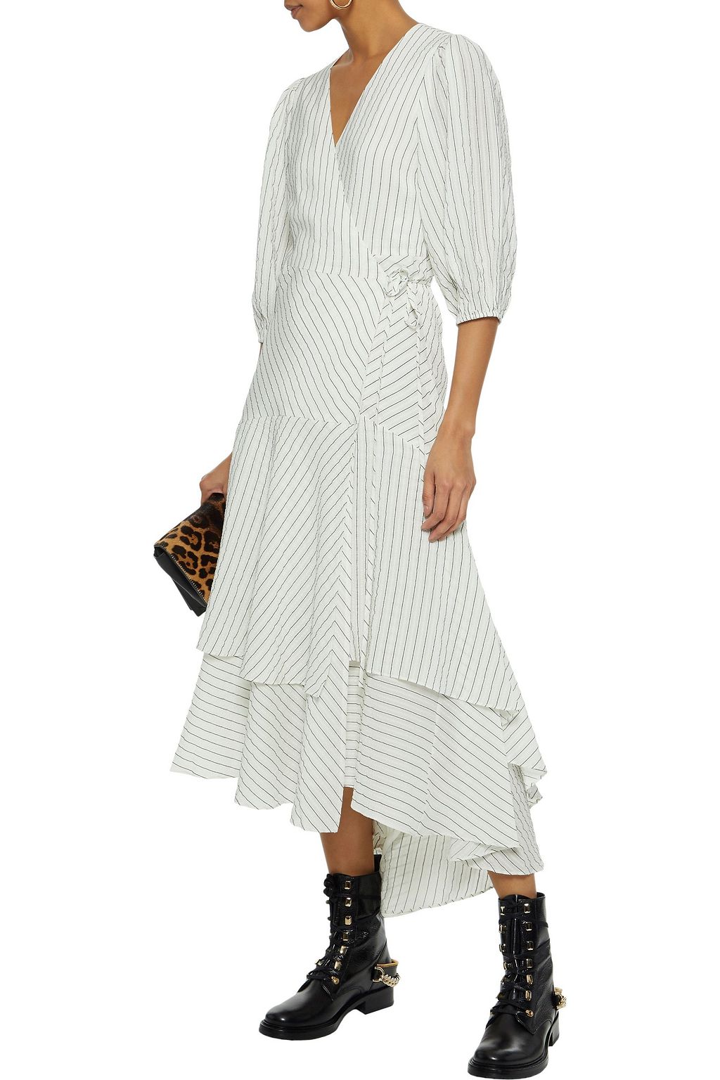 GANNI Wilkie pinstriped silk and cotton-blend seersucker midi wrap dress