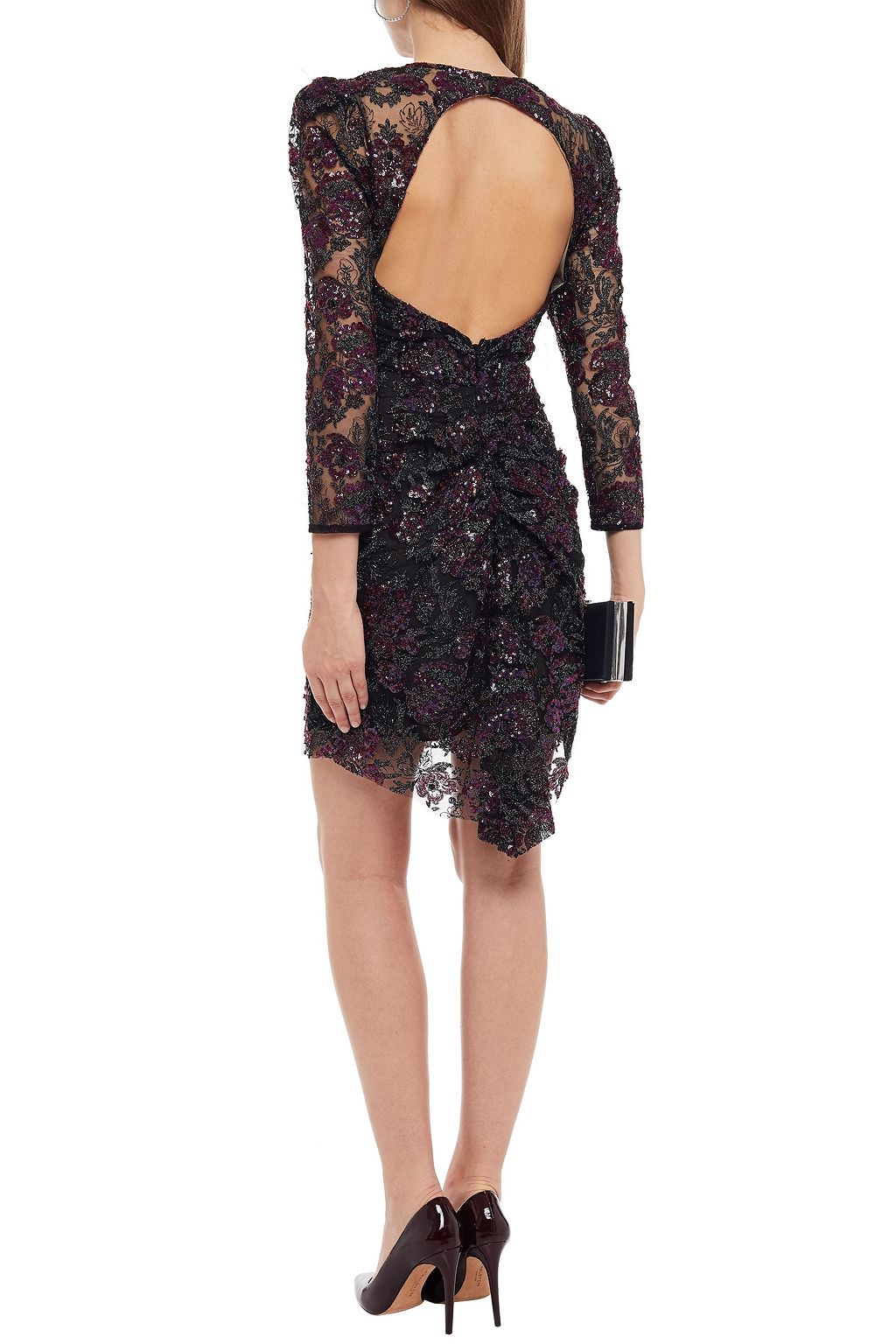 MONIQUE LHUILLIER Asymmetric embellished embroidered tulle mini dress