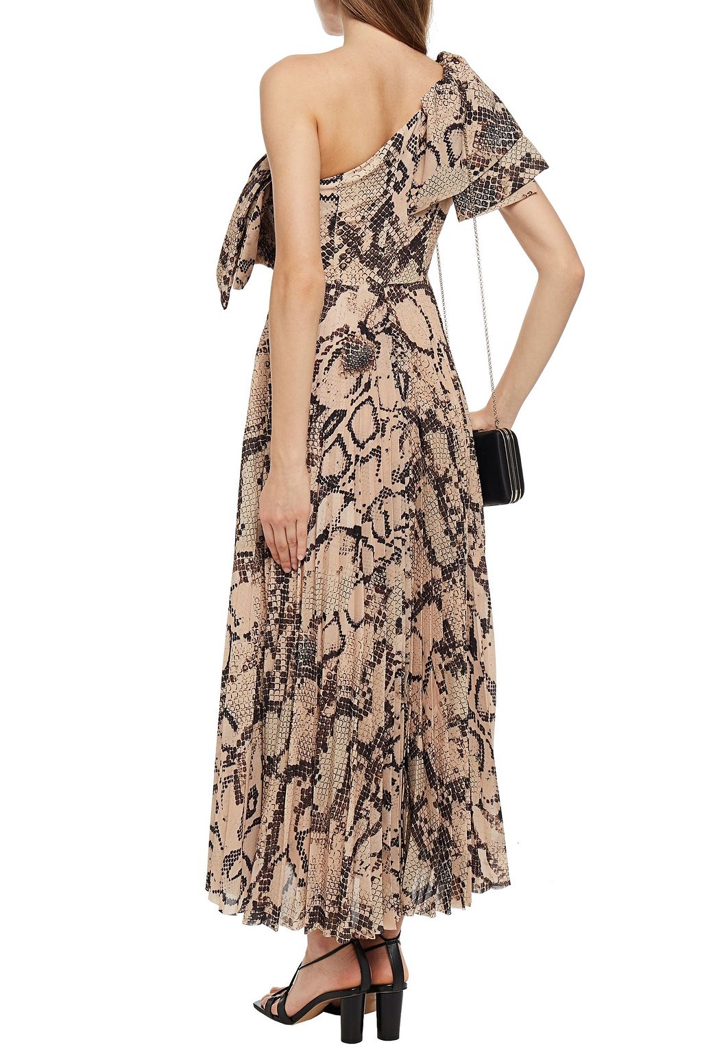 SOLACE LONDON Rosa one-shoulder ruffled pleated snake-print crepe maxi dress