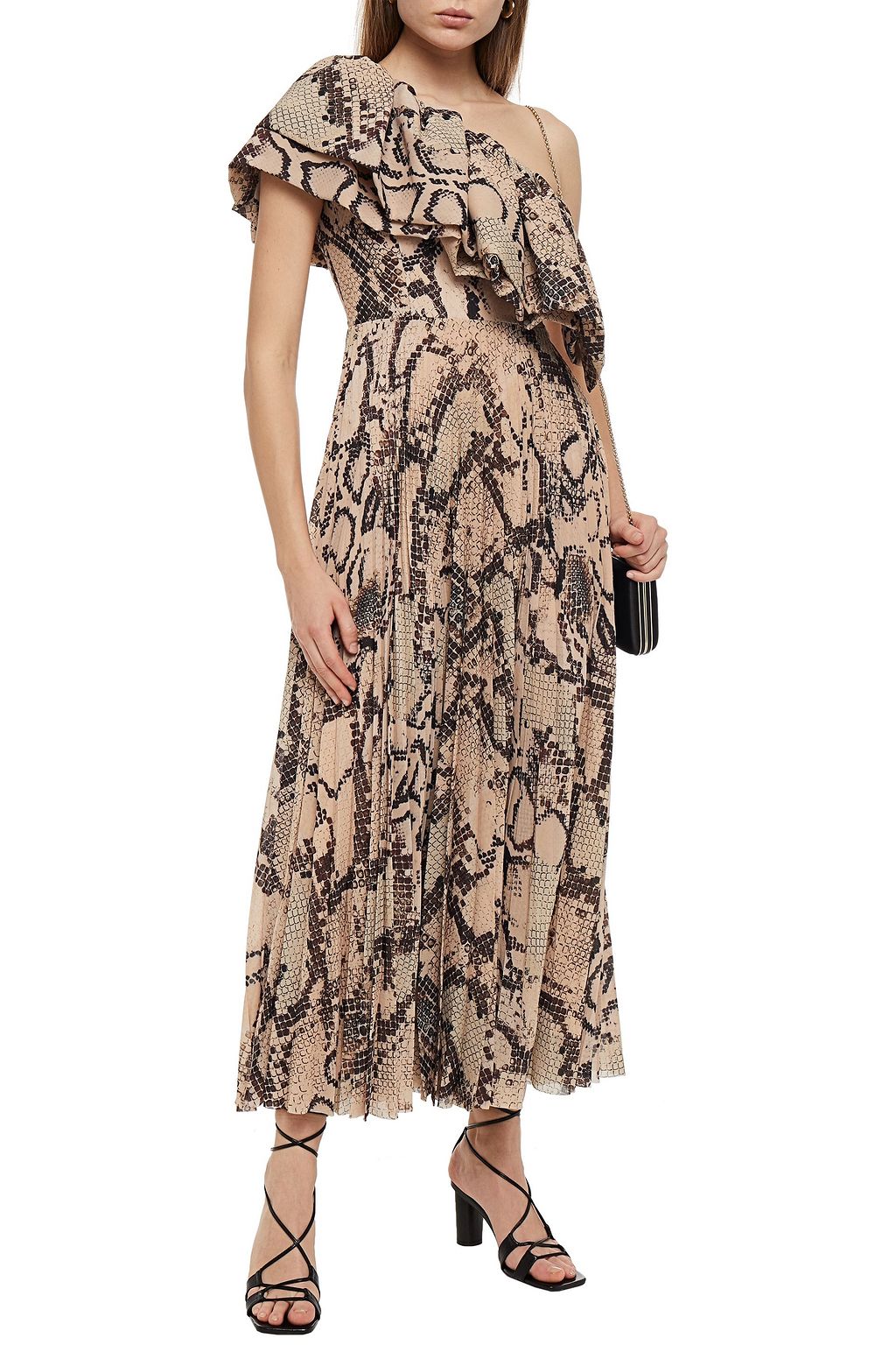 SOLACE LONDON Rosa one-shoulder ruffled pleated snake-print crepe maxi dress