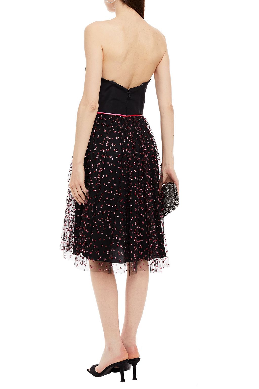 MONIQUE LHUILLIER Strapless bow-detailed silk-faille and glittered tulle dress
