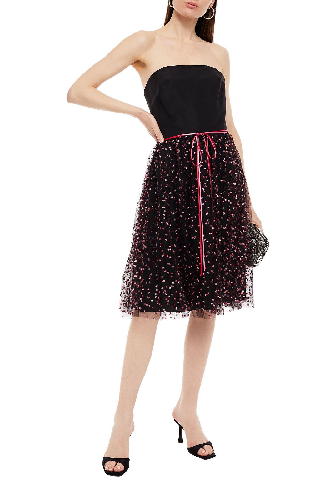 MONIQUE LHUILLIER Strapless bow-detailed silk-faille and glittered tulle dress