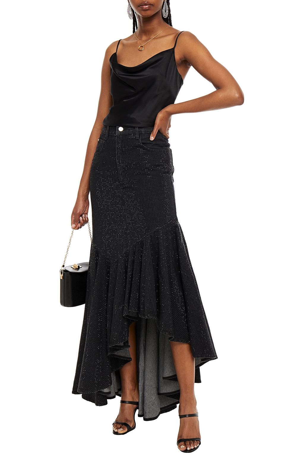 SOLACE LONDON Elita ruffled sequined denim midi skirt