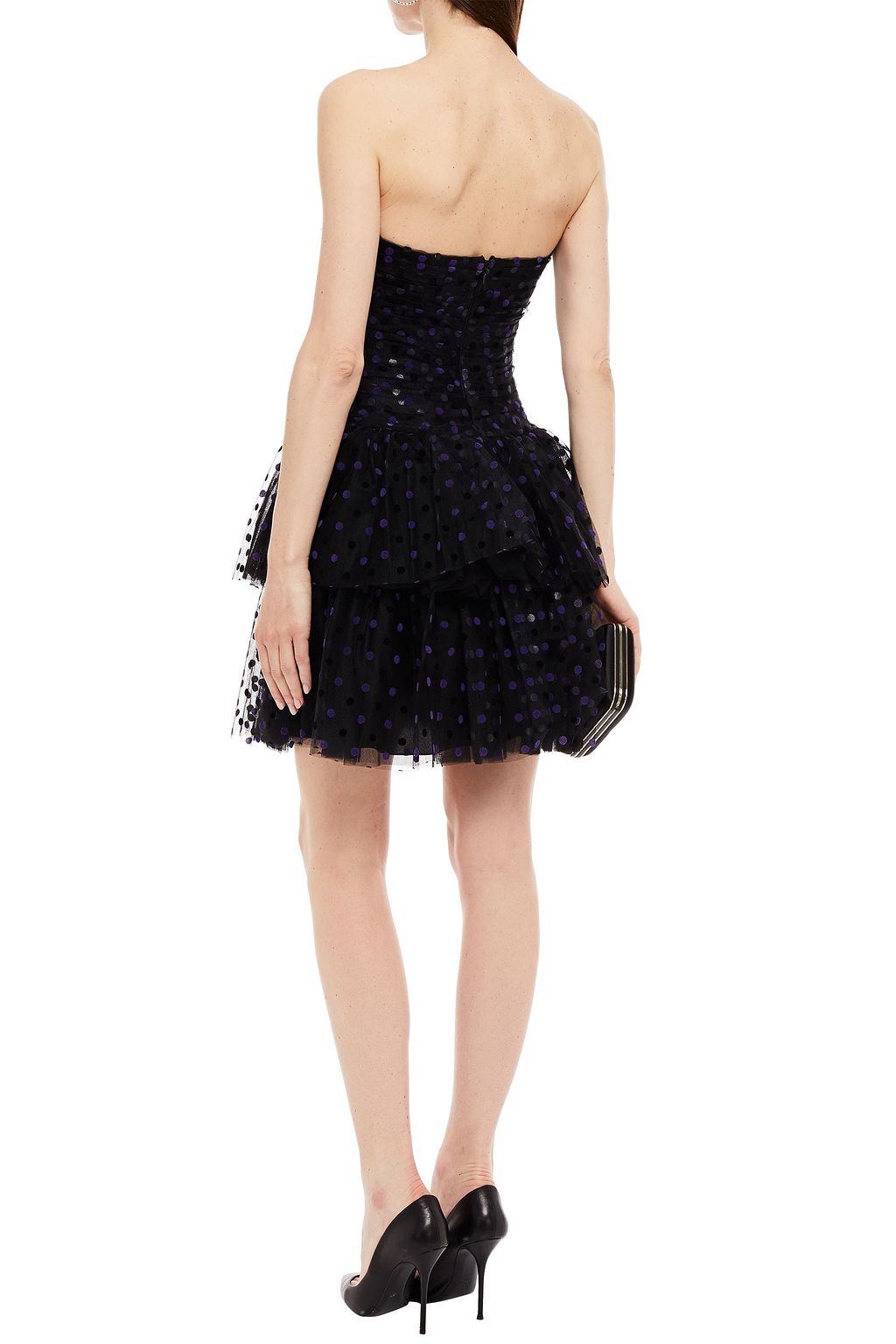 MONIQUE LHUILLIER Strapless tiered polka-docked flocked tulle mini dress
