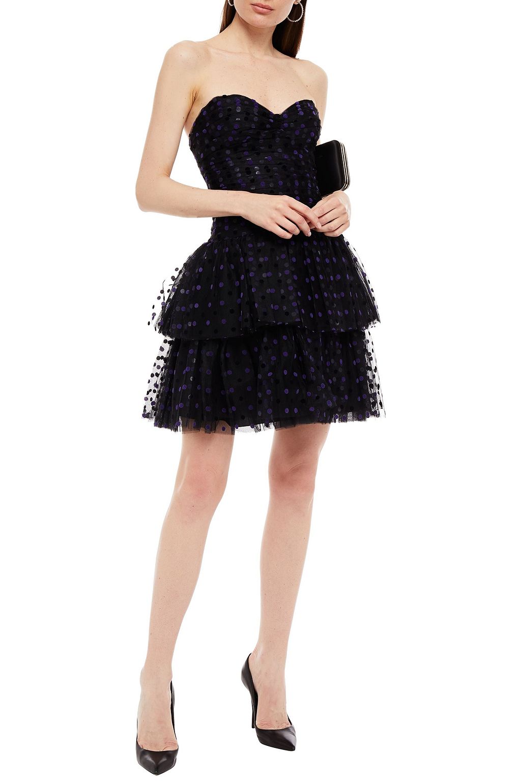 MONIQUE LHUILLIER Strapless tiered polka-docked flocked tulle mini dress