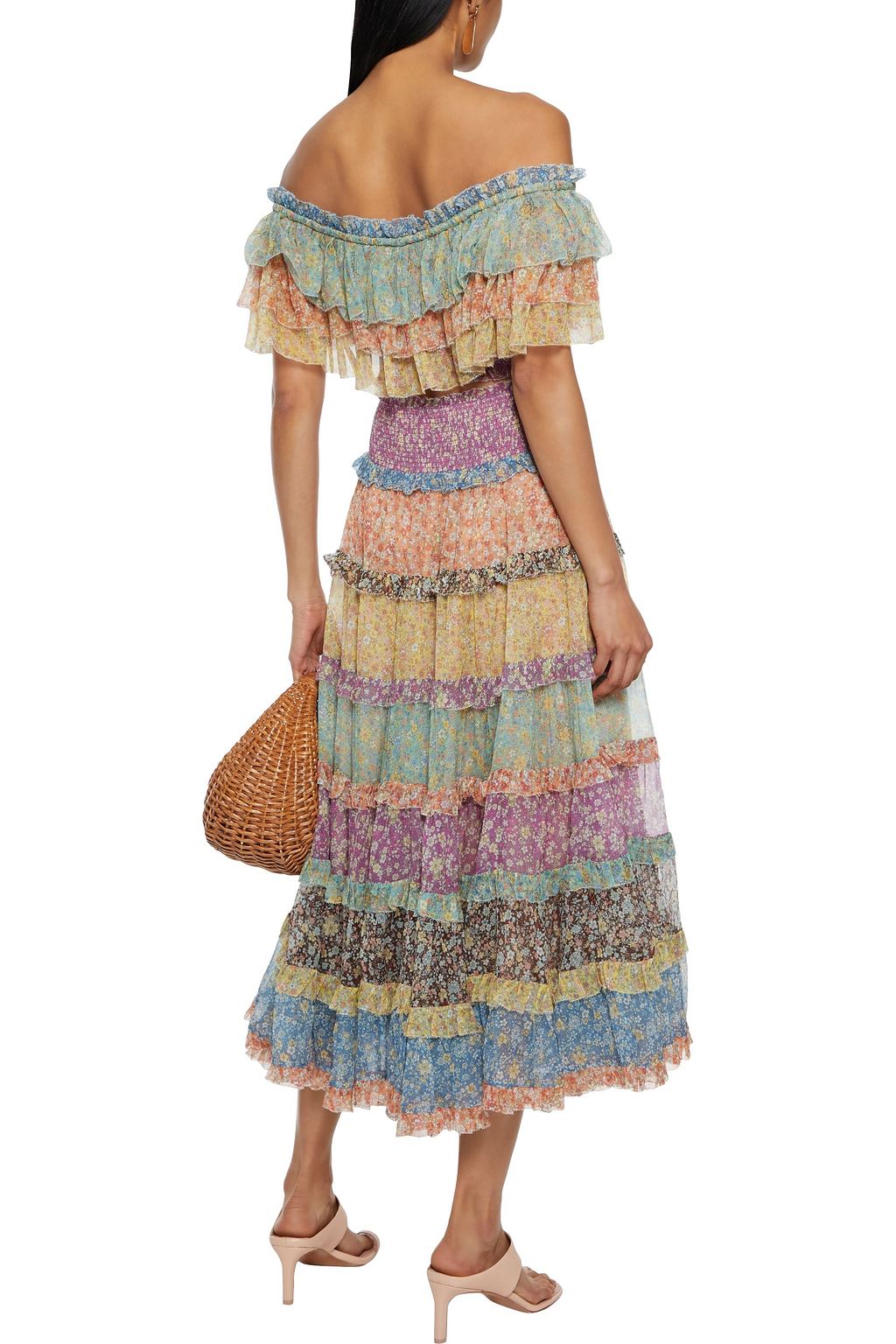 ZIMMERMANN Carnaby cropped off-the-shoulder tiered floral-print silk-crepon top