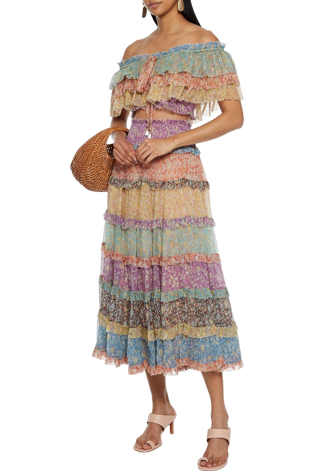 ZIMMERMANN Carnaby cropped off-the-shoulder tiered floral-print silk-crepon top