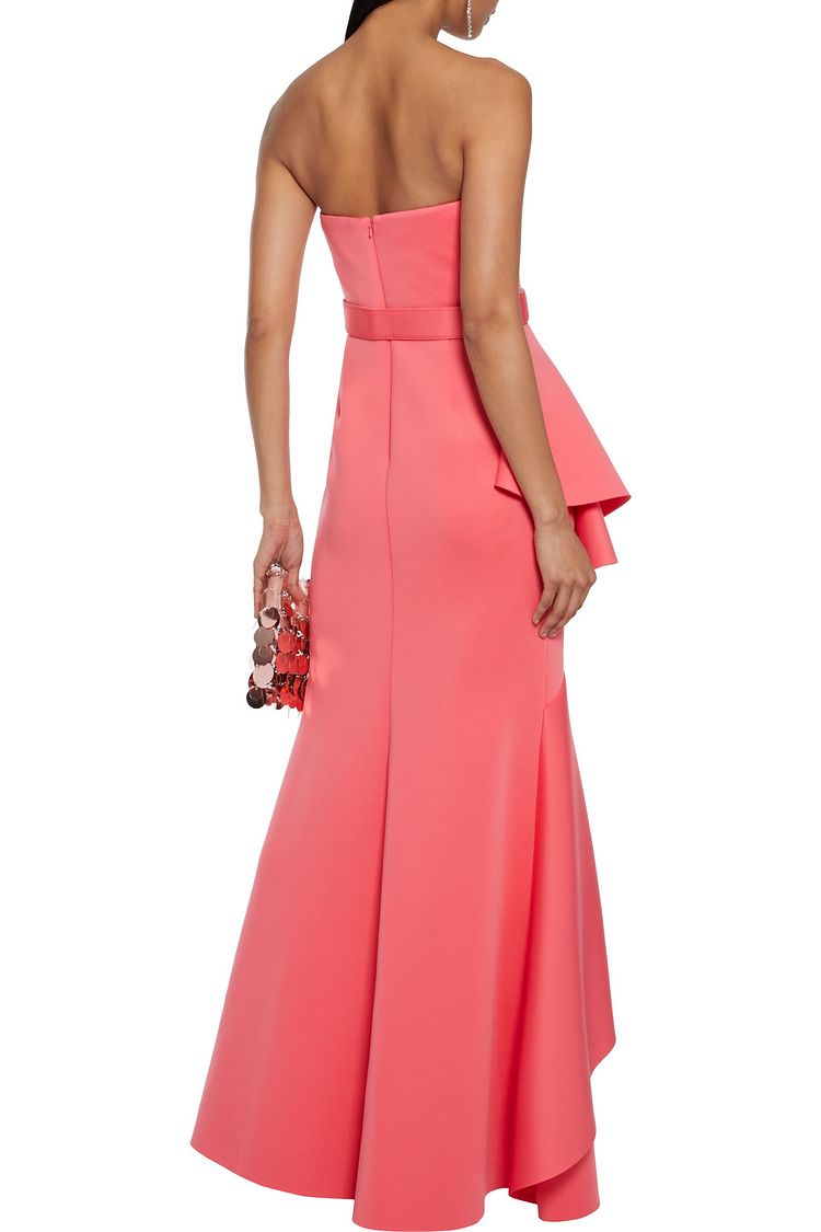 badgley mischka strapless ruffle scuba gown