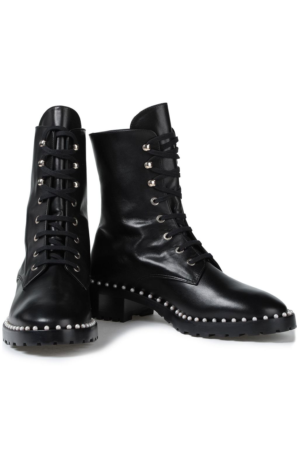 STUART WEITZMAN Allie faux pearl-embellished leather combat boots