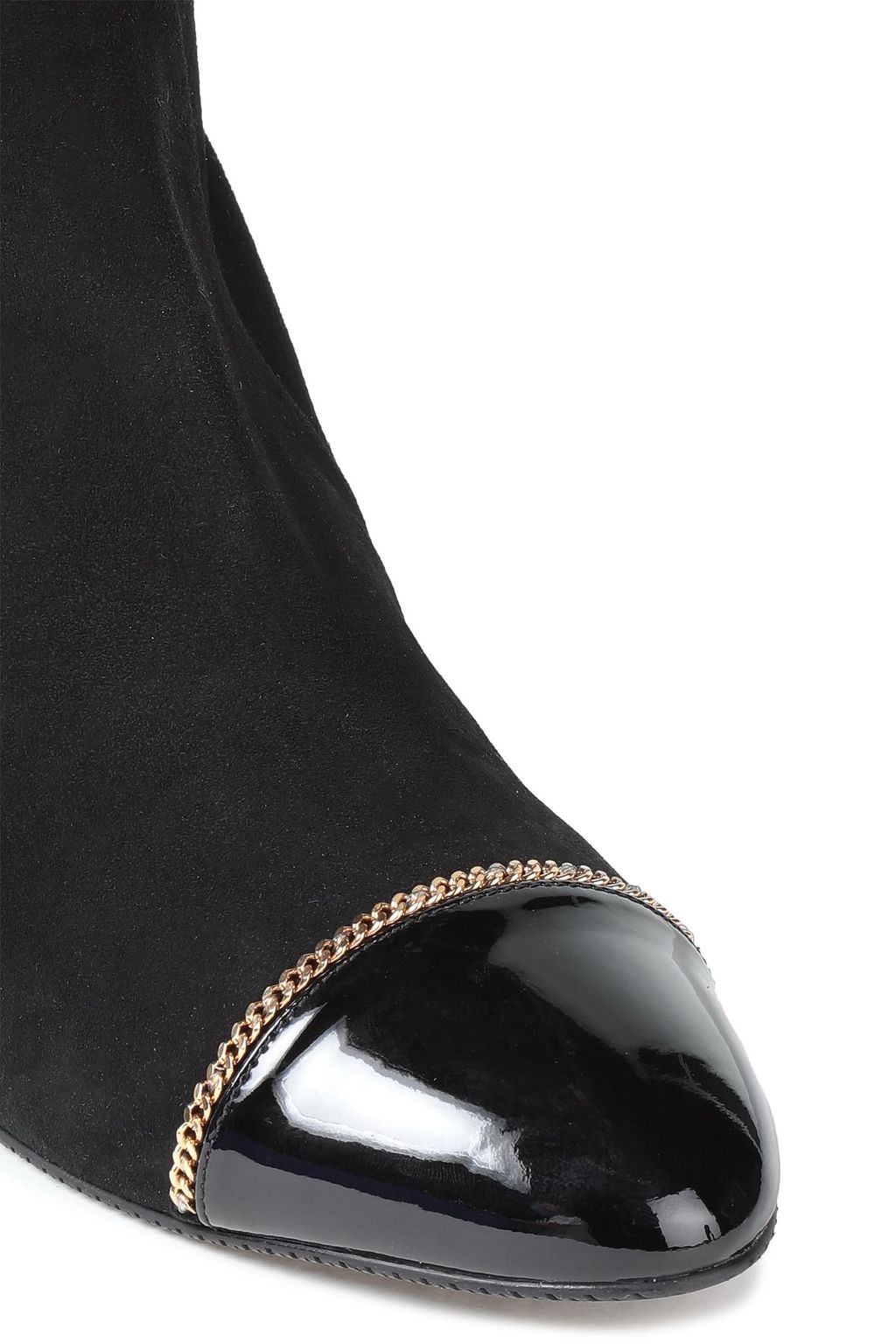 STUART WEITZMAN Valerie 60 chain-trimmed patent-leather and stretch-suede knee boots