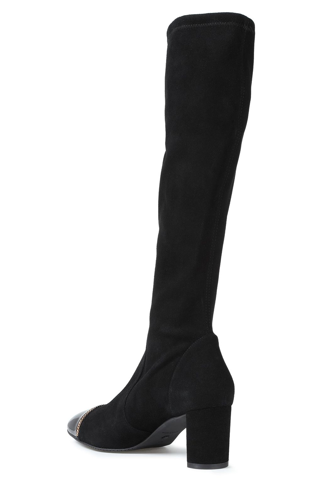 STUART WEITZMAN Valerie 60 chain-trimmed patent-leather and stretch-suede knee boots