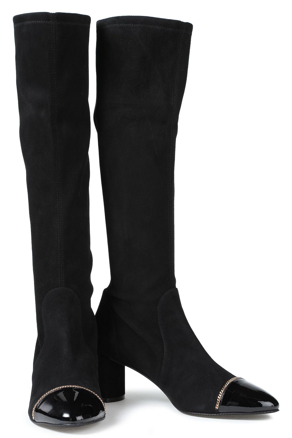 STUART WEITZMAN Valerie 60 chain-trimmed patent-leather and stretch-suede knee boots