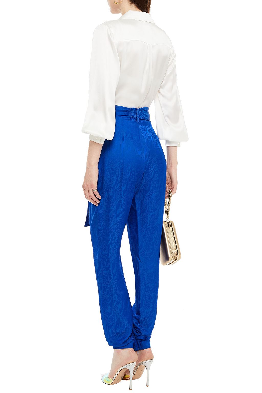 DUNDAS Belted pleated satin-jacquard tapered pants