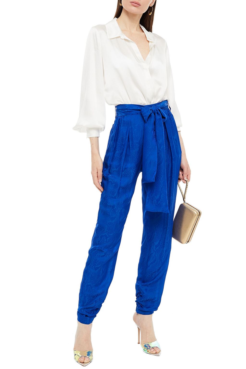 DUNDAS Belted pleated satin-jacquard tapered pants