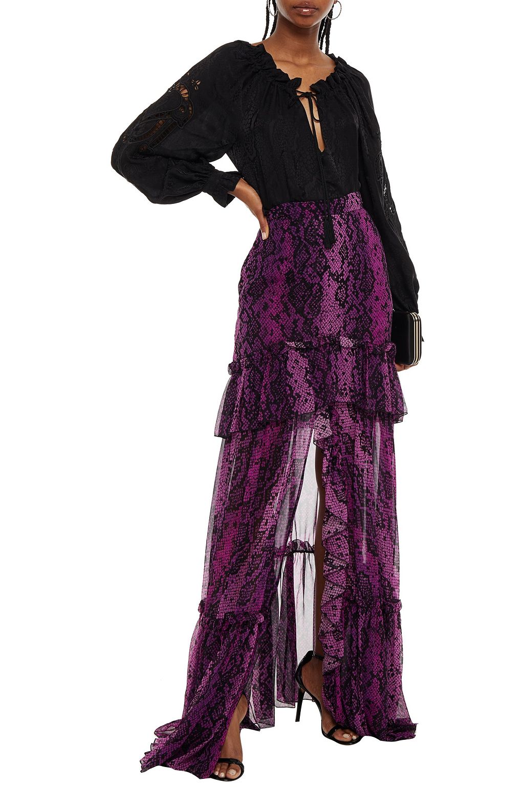 DUNDAS Ruffled snake-print silk-chiffon maxi skirt