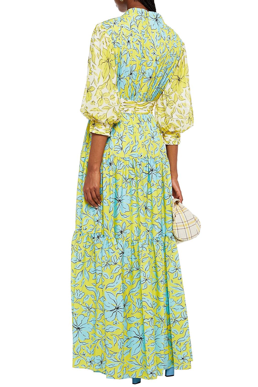 BADGLEY MISCHKA Tiered gathered floral-print crepe gown