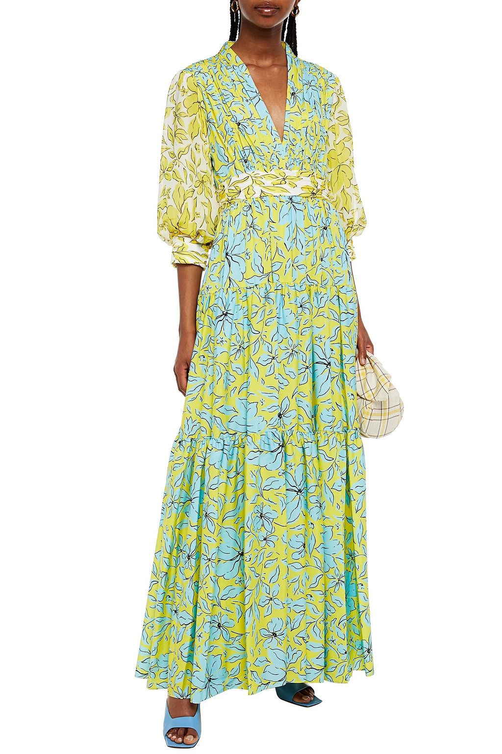 BADGLEY MISCHKA Tiered gathered floral-print crepe gown