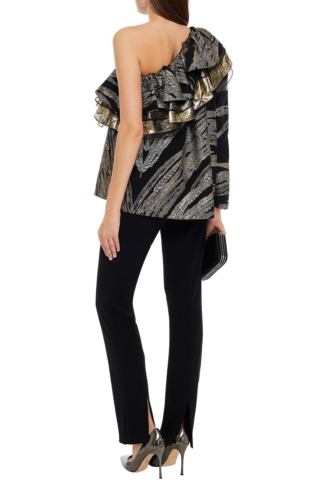 DUNDAS One-shoulder ruffled metallic jacquard top