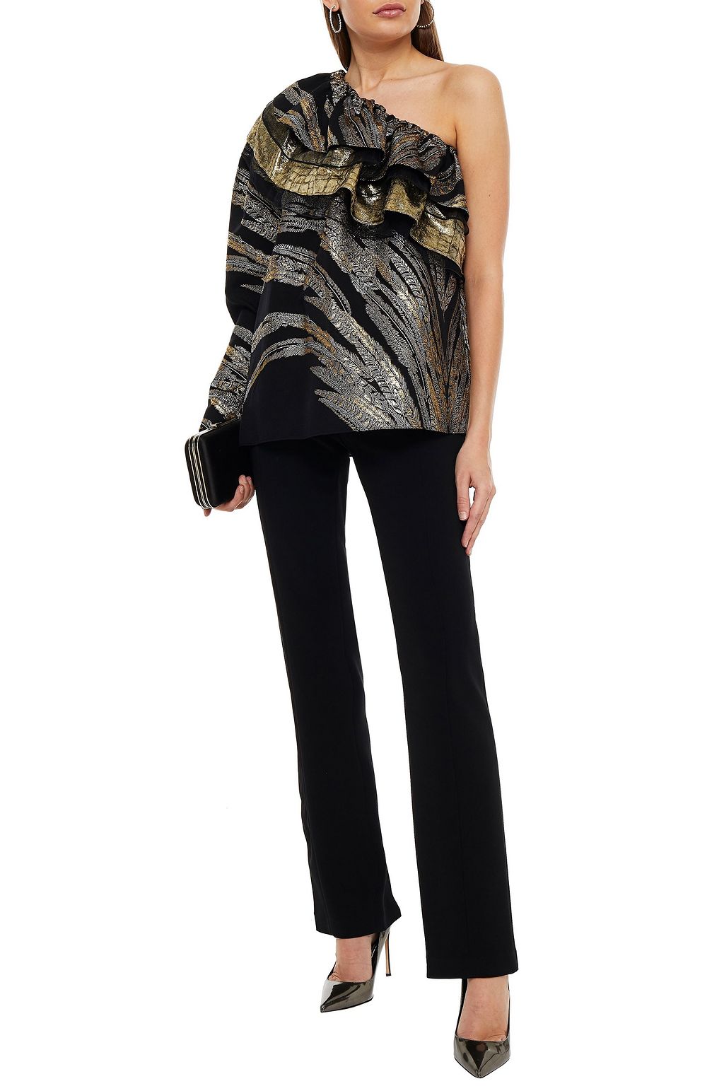 DUNDAS One-shoulder ruffled metallic jacquard top