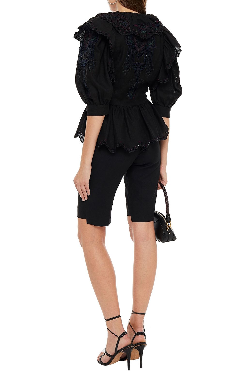 DUNDAS Embellished ruffled ramie wrap blouse