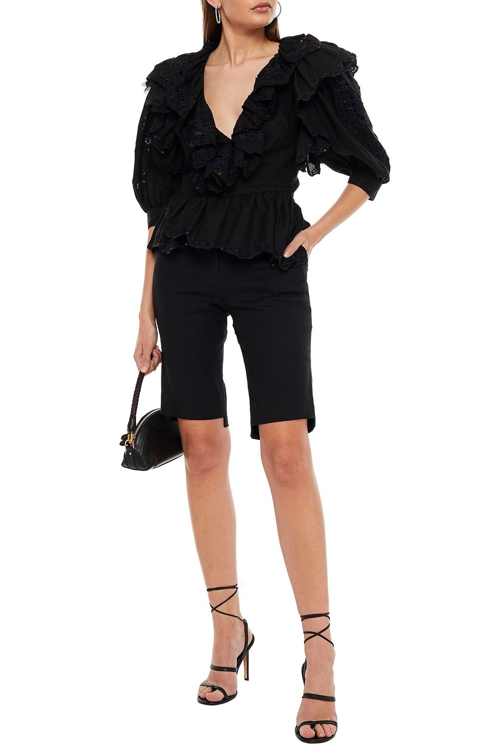 DUNDAS Embellished ruffled ramie wrap blouse