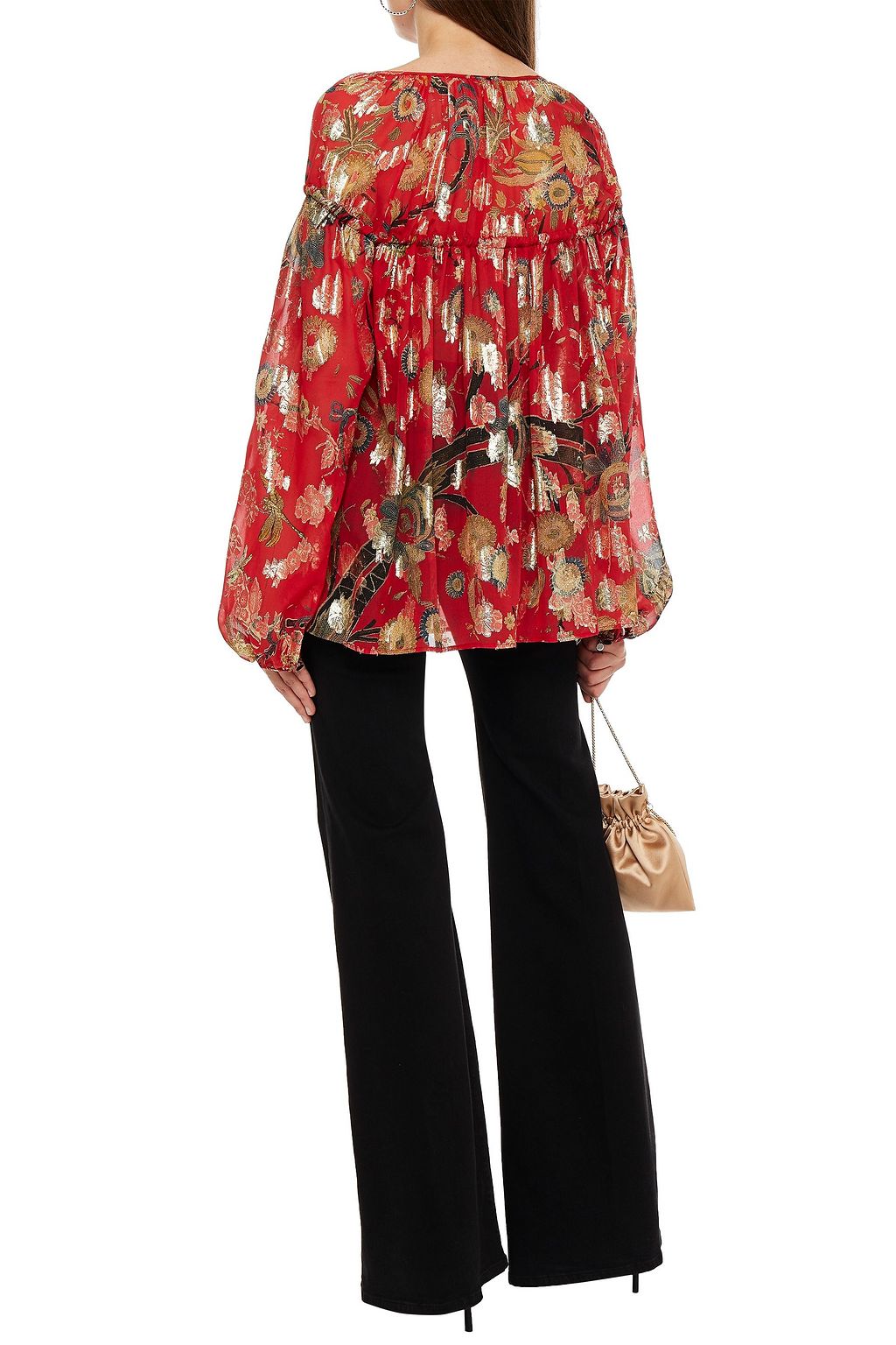 DUNDAS Gathered metallic floral-print silk and Lurex-blend blouse