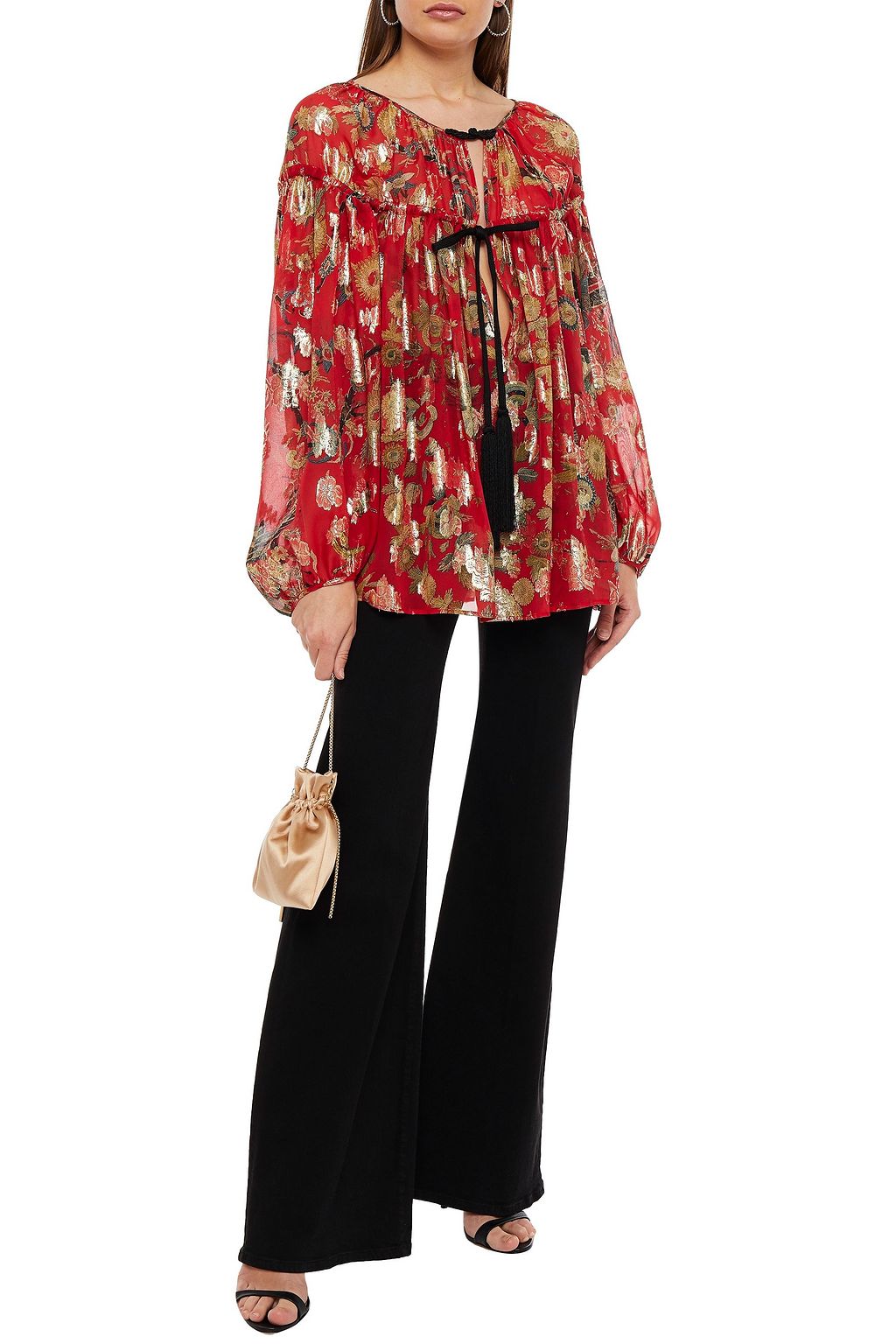 DUNDAS Gathered metallic floral-print silk and Lurex-blend blouse
