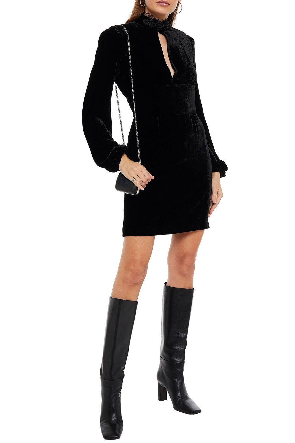 DUNDAS Lace-paneled gathered velvet mini dress