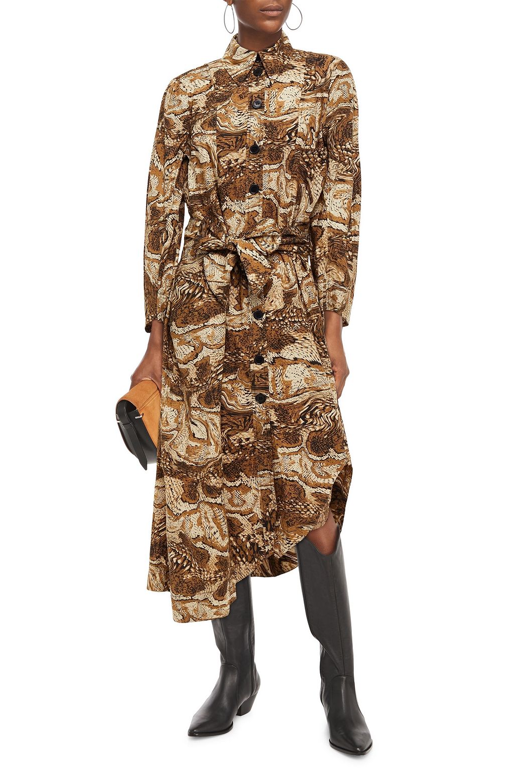 GANNI Asymmetric belted printed cotton-poplin midi shirt dress
