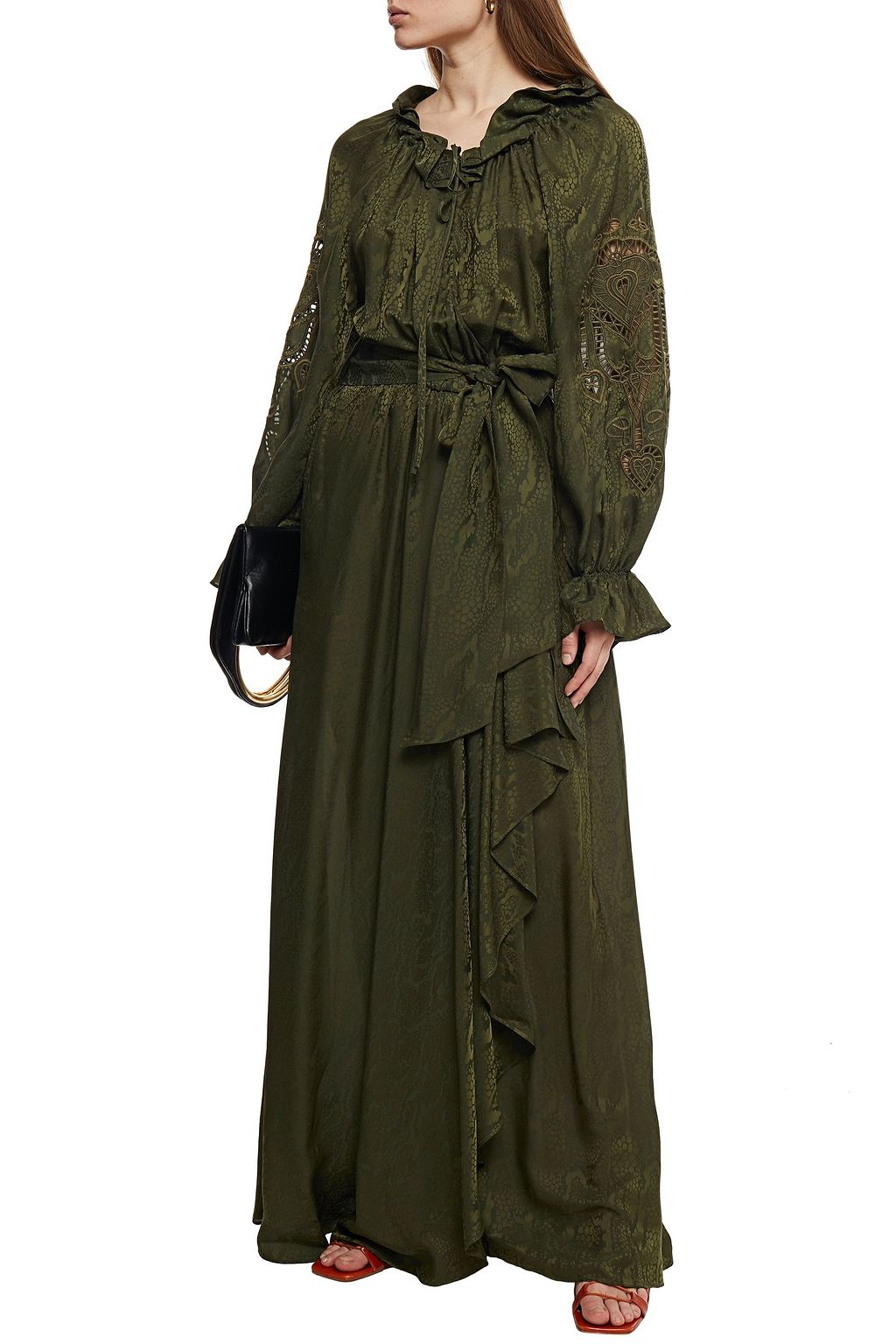 DUNDAS Belted broderie anglaise-trimmed satin-jacquard maxi wrap dress