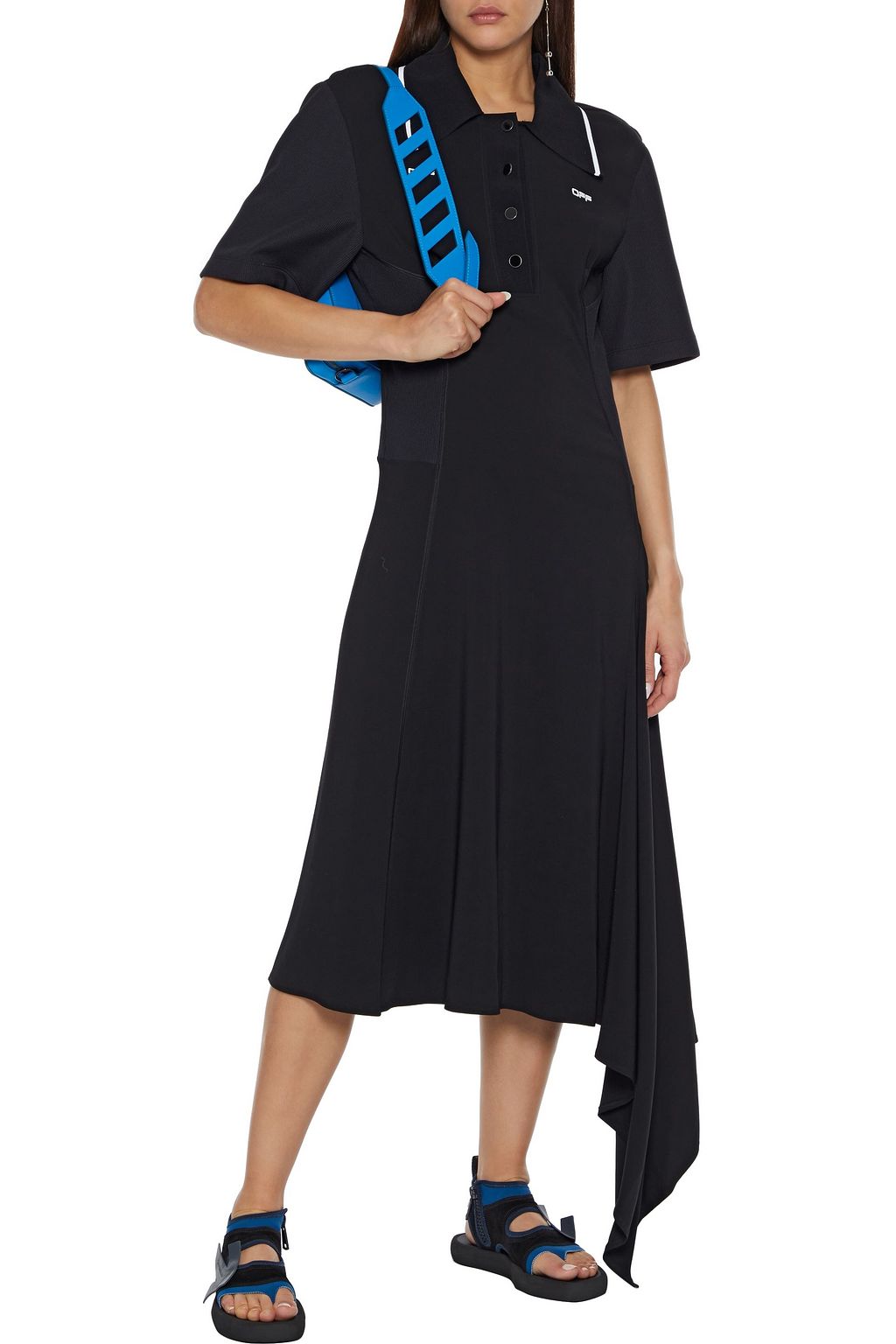 OFF-WHITE™ Asymmetric ribbed knit-paneled stretch-crepe midi dress