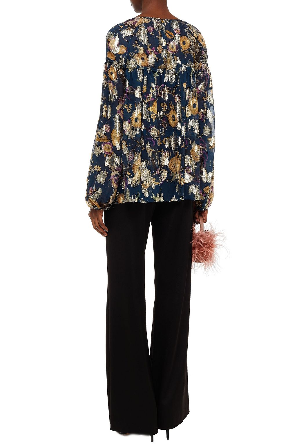 DUNDAS Gathered metallic floral-print silk and Lurex-blend blouse