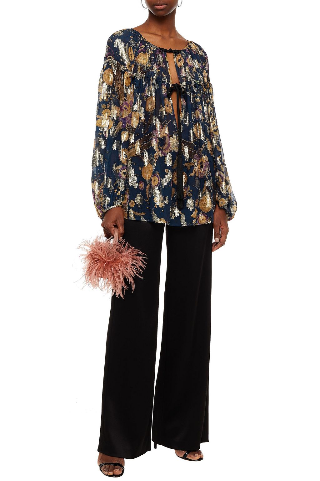 DUNDAS Gathered metallic floral-print silk and Lurex-blend blouse