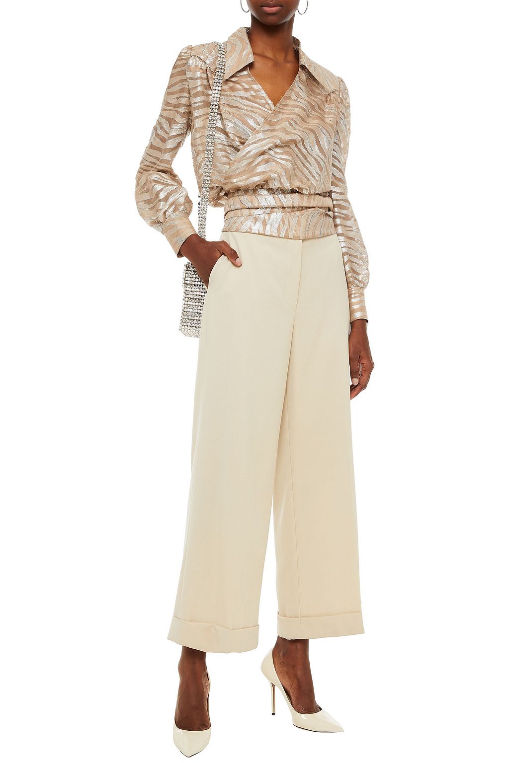 DUNDAS Bluse aus Chiffon aus einer Seidenmischung mit Metallic-Fil-Coupé und Wickeleffekt