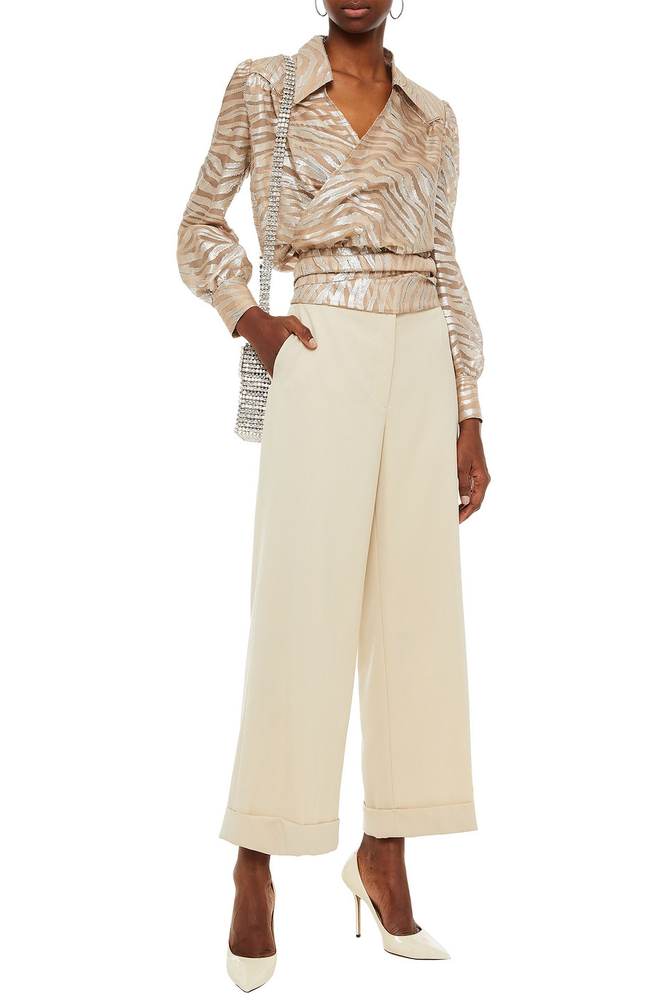 Dundas Wrap-effect Metallic Fil Coupé Silk-blend Chiffon Blouse In Beige