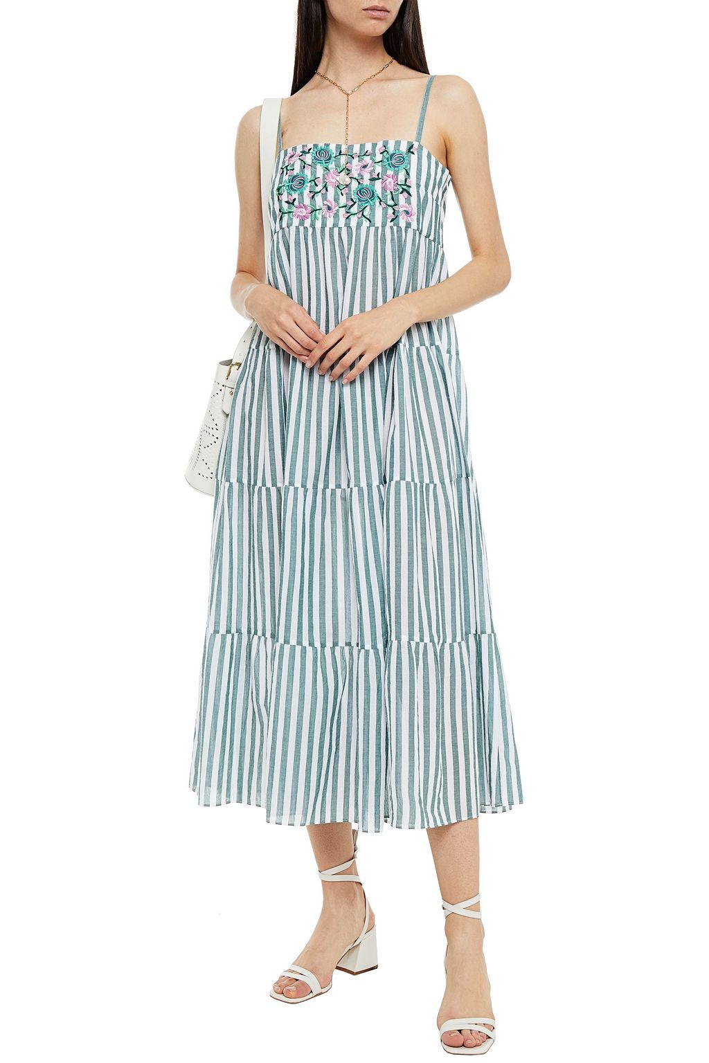 SEAFOLLY Tiered embroidered striped cotton-gauze midi dress